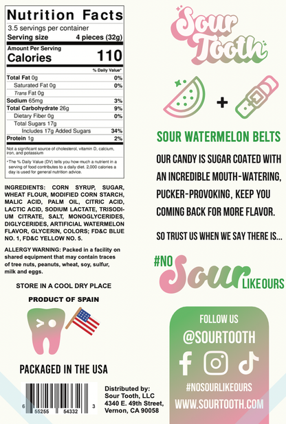 Sour Watermelon Belts — 4oz, Imported from Spain